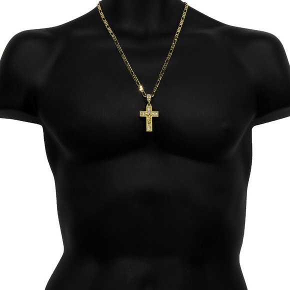 Men's 14k Gold Jesus Cross 24" Figaro Chain - Picture 1 of 4